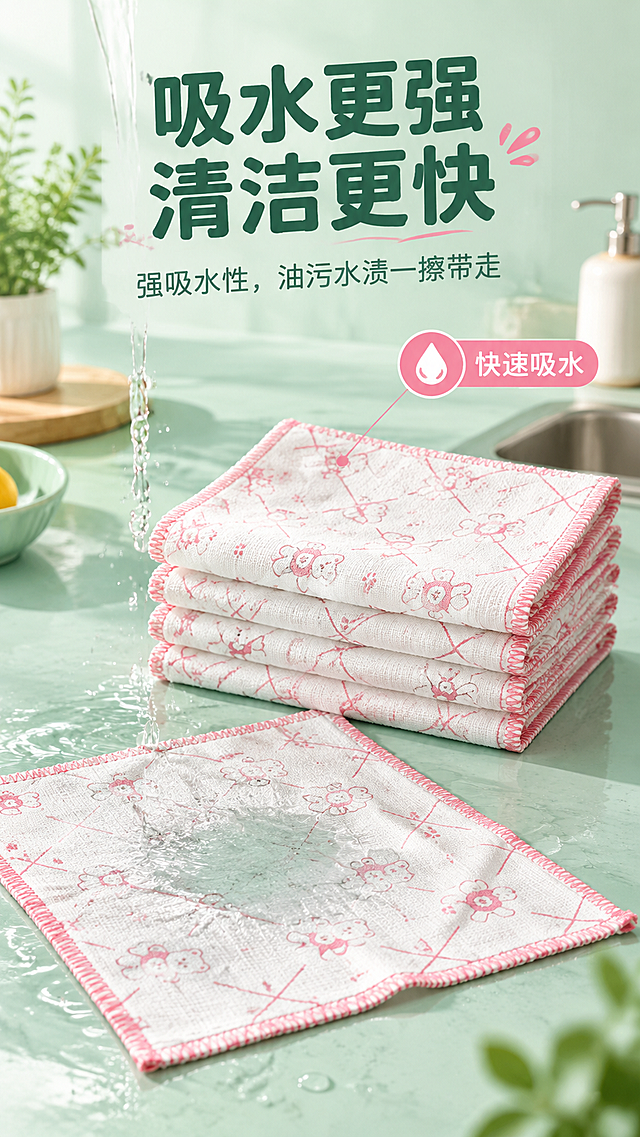 [商品] 使用【图1】新款棉纱抹布（粉白格子+粉色锁边），叠放+平铺两种形态；商品处理：保留格子印花、粉色锁边、棉纱材质；增强纹理质感。
[画面] 强吸水功能演示页，目标展示强吸水性。动态效果构图，抹布旁有水滴滴落或水洼，抹布正在快速吸收水分，周围有水波纹、水珠等视觉元素表现吸水力；叠放的抹布置于画面中央，占画面55%；背景为清新的厨房台面。
[视觉] 套系策略：风格=清新洁净家居商业摄影；标题字=圆润黑体粗体；正文字=简洁无衬线黑体；主色=清新薄荷绿；背景延展=基于薄荷绿做深浅层级渐变、厨房台面与墙面同色系延展；强调色=暖粉色（呼应抹布印花），仅用于小面积图标、标签和点缀；标题色=深墨绿；正文色=中灰绿；组件=圆角信息卡、水滴形图标、细线引线；光影=左前侧柔和自然光，明亮通透。
[文字] 顶部主标题"吸水更强 清洁更快"，副标题"强吸水性，油污水渍一擦带走"；配水滴图标和"快速吸水"标签；文字横向排版，位于画面上方和侧边。
[规格] 图片比例9:16竖版，4K，避免变形、错字、文字过小、水珠效果不自然、抹布颜色改变、绝对化用语。