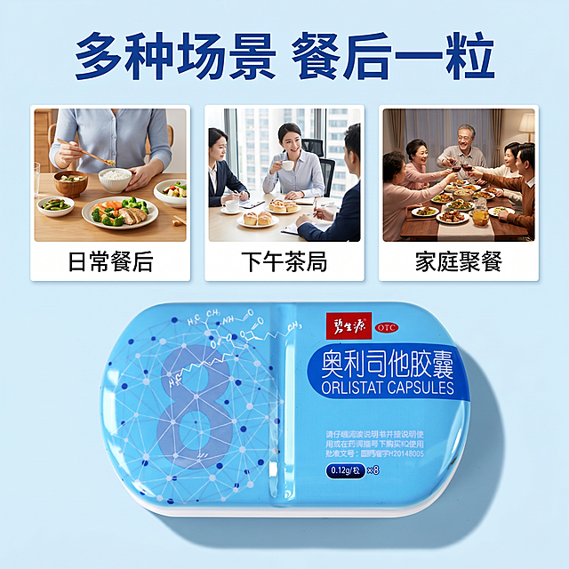 [主图-4] 奥利司他胶囊适用场景展示图。[氛围风格] 生活化真实场景，增加代入感。[画质] 商业摄影质感、光线柔和通透、产品清晰真实、画面干净高级。[元素] 上方宫格排列三个小场景图，分别展示餐后日常、办公室下午茶、家庭聚餐场景，每个场景自然真实不夸张。下方放置完整奥利司他胶囊产品，保持产品外观颜色材质和原图完全一致。浅蓝干净背景，整体排版规整统一，商品主体占比约60%，满屏无边框。[光影] 自然柔光，场景和产品光影方向统一，整体明亮舒适。[配色] 浅蓝背景为主，场景色彩自然真实，产品配色突出。[视角构图] 上场景下产品分区布局，排版整齐清晰，信息层次分明。[文字版式] 顶部主标题加粗深蓝色大字"多种场景 餐后一粒"，每个小场景下方标注对应场景名称："日常餐后"、"下午茶局"、"家庭聚餐"，文字简洁不遮挡画面。[比例分辨率] 1:1 比例，2k 分辨率；文字清晰锐利，画面超高清。[负向提示词] 变形，水印，文字错乱，产品图模糊，背景杂乱，夸张对比，夸大功效。