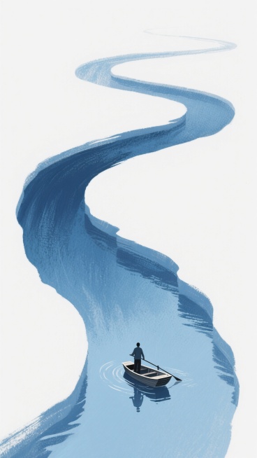 极简主义风格插画，以纯净的白色为背景，蜿蜒曲折的河流占据画面主体，河流采用由深蓝到浅蓝的渐变色调，带有明显的笔触纹理和层次感，水面上漂浮着一艘小船，船上有一个人正在划船，小船在水面上留下淡淡的倒影，整体画面营造出宁静、悠远、孤独的氛围，视觉层次清晰，构图简洁大方，具有强烈的设计感和艺术美感。预览效果
