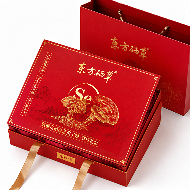 高端保健食品节日礼盒包装设计，东方硒草牌破壁富硒灵芝孢子粉。中国红主色调，大面积烫金工艺，金边勾勒，喜庆奢华。天地盖大礼盒形态，配同色系手提袋。正面上方是金色毛笔书法字体"东方硒草®"品牌名（毛笔书法风格，烫金）。居中是核心视觉符号：金色"Se"字母环绕两朵金线勾勒的灵芝，背景隐约有山水纹理，东方仙草意境。下方产品名"破壁富硒灵芝孢子粉·节日礼盒"烫金。侧边竖排三大核心卖点："自然富硒专利""20μg/g有机硒""非外源添加"。礼盒配丝带提手，内衬绒布质感。旁边放着手提袋，简约大气。纯白背景，产品摄影风格，专业包装效果图，45度俯视角，高端礼品质感