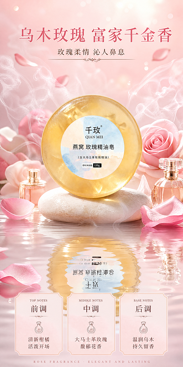 [第6屏] 详情页香氛体验屏-玫瑰香调氛围。本屏使用【图2】精油皂作为产品主体。参考【图1】香氛屏风格：产品居中，水面倒影，香氛烟雾，底部香调说明。
[氛围/风格] 香氛沉浸感，富家千金香，浪漫高级，商业摄影质感，水面倒影氛围感。
[元素布局] 画面中央精油皂放置在白色鹅卵石上，下方有水波纹倒影；周围环绕粉色玫瑰花瓣、香氛烟雾缭绕、精油瓶点缀；背景粉色渐变水光，有光斑和花瓣飘落；产品占比约35%；底部香调三层说明区。产品外观与输入图一致。
[光影质感] 侧上方柔光，皂体金色通透有高光，烟雾柔焦梦幻，水面倒影清晰，花瓣有自然光影，整体浪漫高级。
[配色色系] 全局底色 #FFD6DF 玫瑰粉渐变；主色玫瑰粉 #E88A9F；辅助色金色、白色鹅卵石、浅蓝水光、水面倒影。
[视角构图] 中央构图，产品居中偏上，水面倒影在下，阅读动线顶部标题 → 中央产品+香氛 → 底部香调说明。
[文字版式] 顶部主标题「乌木玫瑰 富家千金香」，大字玫瑰粉色；副标题「玫瑰柔情 沁人鼻息」，小字深棕；底部3层香调卡片横排：「前调：清新柑橘 活泼开场」「中调：大马士革玫瑰 馥郁花香」「后调：温润乌木 持久留香」；香调文字优雅排版，配香水瓶小图标。
[比例分辨率] 1:2 竖版长图比例，4K 分辨率，文字清晰可辨，高清画质。
[负向提示词] 产品变形，颜色偏差，水印，文字错乱，烟雾过多遮挡产品。