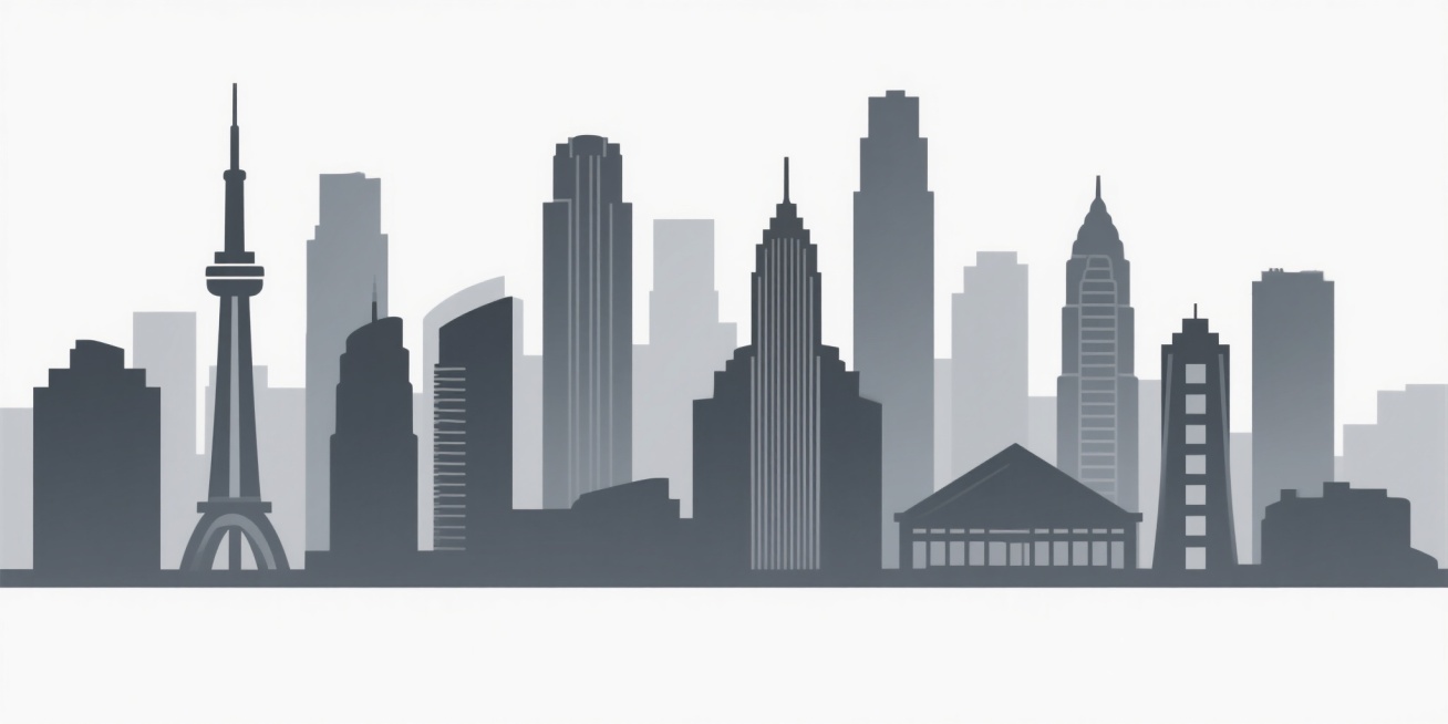 城市地标剪影风格插画，以不同城市的标志性建筑轮廓为主体，采用从深灰到浅灰的渐变色阶，通过精准的线条勾勒建筑形态，形成富有层次感的天际线，整体构图简洁大气，背景为纯白色，突出剪影的现代感与设计感，展现城市的独特轮廓与结构美学。预览效果