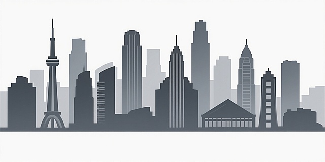 城市地标剪影风格插画，以不同城市的标志性建筑轮廓为主体，采用从深灰到浅灰的渐变色阶，通过精准的线条勾勒建筑形态，形成富有层次感的天际线，整体构图简洁大气，背景为纯白色，突出剪影的现代感与设计感，展现城市的独特轮廓与结构美学。