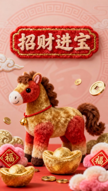 国风喜庆风格，主体为柔软蓬松的毛绒材质吉祥元素：圆滚滚的毛绒元宝（金红渐变，绒毛清晰柔软）、毛绒马儿（棕色配色，尾巴蓬松卷曲）、毛绒铜钱（金色带红绳装饰），点缀毛绒祥云（浅金 + 粉红渐变）和毛绒福字预览效果