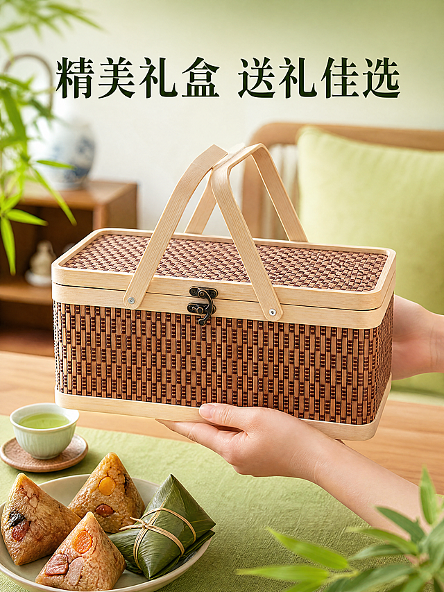 [主图-4] 端午送礼场景展示图
[氛围风格] 温馨生活场景，端午节日氛围感
[画质] 商业摄影质感、光线柔和通透、产品清晰真实、画面干净高级
[元素] 一只手捧着天工·禾颂端午竹编礼盒，背景是干净的中式客厅茶几，茶几上摆放泡好的清茶和一小碟粽子，整体营造端午走亲访友送礼的温馨场景，保持礼盒外观和原参考图绝对一致，商品主体占比约65%，画面满屏无边框
[光影] 室内柔和自然光，光线均匀通透，整体温馨舒适，突出礼盒的质感
[配色] 主色调浅木色和嫩绿色，整体清爽自然，符合端午氛围
[视角构图] 平视生活化视角，人物只露手，焦点在礼盒上，背景虚化突出主体
[文字版式] 主文案写「精美礼盒 送礼佳选」，深绿色大字在画面顶部居中，清晰不遮挡主体
[比例分辨率] 3:4比例，4K分辨率，文字清晰可辨，超高清
[负向提示词] 变形，水印，文字错乱，产品图模糊，背景杂乱，二维码，手机号，绝对化违禁词