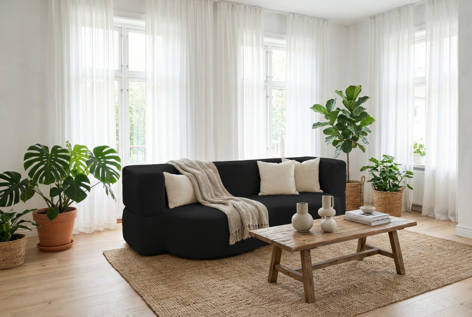 将黑色弧形沙发放置在北欧风客厅，浅原木色地板搭配白色纱帘，摆放着绿植和编织地毯，整体氛围清新自然预览效果
