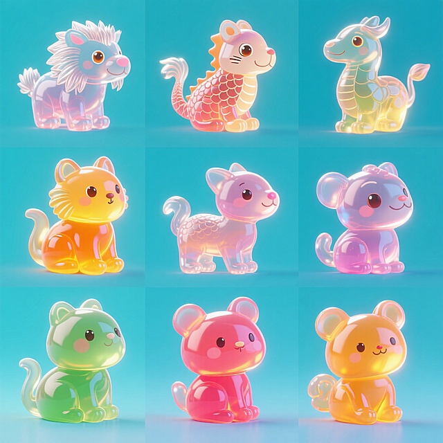 软3D风卡通动物，色彩鲜艳，塑料质感，可爱造型，适合儿童玩具设计。