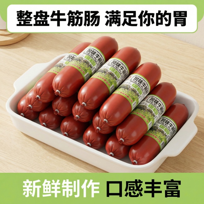 我的产品是牛筋肠，帮我做10张主图产品堆积起来突出产品多预览效果