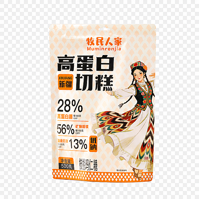 移除图片中产品包装袋下方和右下方的两个装食物的白碗，只保留完整的牧人民家高蛋白切糕产品包装袋，保留透明背景，保持包装袋干净高清