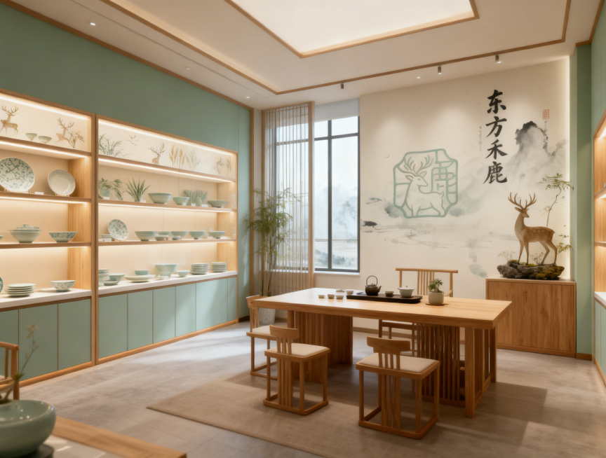 高端新中式餐具品牌「东方禾鹿」店铺室内，极简东方禅意风，青瓷色+原木色主色调，暖柔灯光，大窗自然光，定制带背光展示柜，陈列鹿纹、禾谷纹影青瓷餐具，线条简洁留白，原木家具，带「东方禾鹿」书法的水墨墙，鹿预览效果