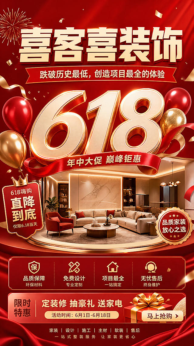 618年中大促电商促销海报，画面顶部写大字标题"喜客喜装饰"，下方写"跌破历史最低，创造项目最全的体验"，红色喜庆促销风格，有气球丝带、金色装饰元素，设计简洁大气，适合家装行业宣传推广