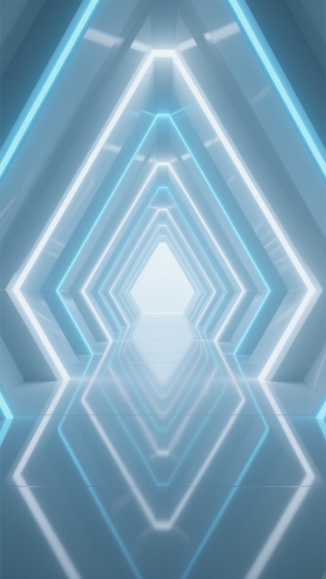 极简主义风格的未来感空间隧道，以纯净的白色为主色调，搭配明亮的蓝色和冷色调光线，呈现出强烈的科技感和空间感。画面采用对称构图，由一系列相互交错的几何结构组成，线条流畅锐利，边缘处有发光灯带勾勒，光线从隧道尽头照射进来，形成明显的透视效果和深度感。地面光滑如镜，反射出上方的结构和光线，营造出无限延伸的视觉体验。整体氛围宁静而神秘，充满未来主义和科幻感，符合空间主题的同时展现出独特的场景变换。预览效果