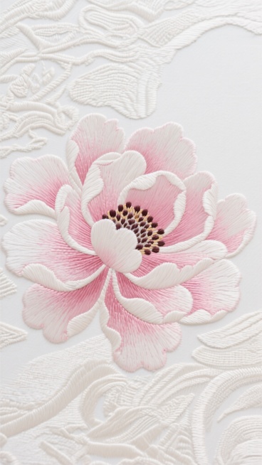 中国传统工笔风格的粉白色牡丹花刺绣图案，以细腻流畅的线条勾勒花瓣轮廓，花瓣层次分明，边缘呈现柔和的渐变粉色，花蕊点缀细小的深色刺绣颗粒，背景为不同纹路交织的精美刺绣底纹，整体画面精致典雅，具有传统刺绣的细腻质感和立体感，色彩和谐统一，留白背景突出主体花卉与刺绣纹路的细节。预览效果