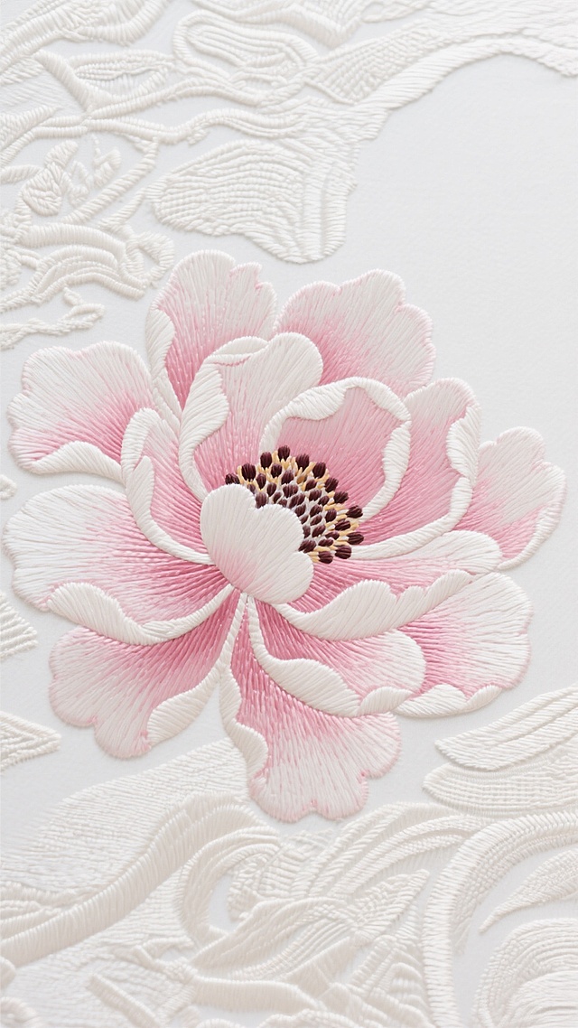 中国传统工笔风格的粉白色牡丹花刺绣图案，以细腻流畅的线条勾勒花瓣轮廓，花瓣层次分明，边缘呈现柔和的渐变粉色，花蕊点缀细小的深色刺绣颗粒，背景为不同纹路交织的精美刺绣底纹，整体画面精致典雅，具有传统刺绣的细腻质感和立体感，色彩和谐统一，留白背景突出主体花卉与刺绣纹路的细节。