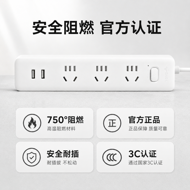 [主图-4]公牛插排多卖点安全认证展示。[氛围风格]简约灰白色科技质感，保持整体风格统一。[画质]商业摄影质感，光线柔和通透，产品清晰真实，画面干净高级。[元素]公牛插放置在浅灰色磨砂质感台面，保持公预览效果