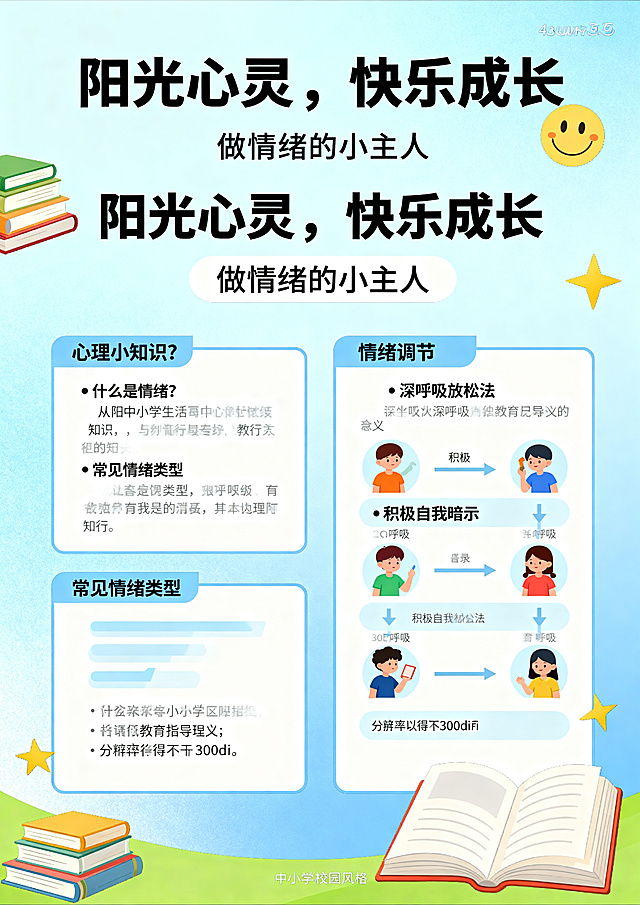 A3尺寸心理知识科普海报，面向中小学生，包含心理小知识和情绪调节内容，主标题"阳光心灵，快乐成长"，搭配简洁标语，校园风格设计，色彩清新明亮，布局清晰，有教育引导意义，分辨率不低于300dpi