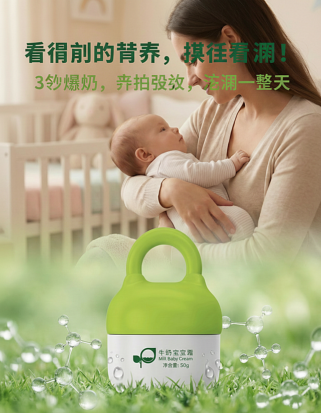 请在上图中增加主标题：看得见得营养，摸得着得润！副标题：3秒爆奶，亲拍吸收，滋润一整天