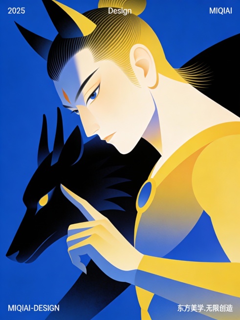 Armin Hofmann 风格，融合原研哉的东方极简美学与 Malika Favre 的矢量渐变人物抽象技法，超高清极致特写画面，极致纯正克莱因蓝纯色背景，东方神话角色二郎神形象，几何美学的夸张抽象预览效果