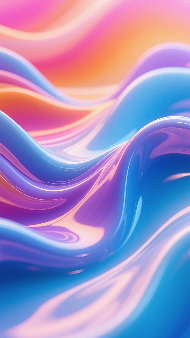 一张充满流动感的抽象色彩渐变背景图，以蓝色、紫色、粉色、橙色等多种明亮鲜艳的色彩为主色调，色彩之间过渡自然柔和，形成丰富的层次感和视觉冲击力。画面中呈现出如同液体丝绸般流动的波浪形态，这些波浪线条柔和流畅，富有动感和韵律美。整体光影效果明亮通透，高光部分闪耀着细腻的光泽，阴影部分则增添了画面的深邃感和立体感。变换质感为细腻光滑的陶瓷釉面质感，色彩在釉面上呈现出更加浓郁饱满且带有微妙光泽反射的效果，波浪的起伏形态保留，边缘线条更加清晰锐利，整体画面既保持原有的色彩渐变和流动韵律，又展现出陶瓷材质独特的温润光泽与坚硬质感。