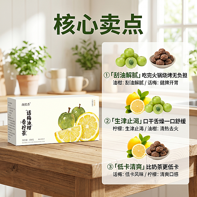 [主图 2] 话梅油柑香柠茶核心卖点展示，温馨活泼清爽夏日风格；商业摄影质感，光线柔和通透，产品清晰真实，画面干净高级；产品包装盒放在左侧，右侧分点标注核心卖点，旁边搭配三种原材料实物：油柑、柠檬、话梅，每种原材料旁标注对应功效；保持产品包装盒外观与输入产品图绝对一致，杜绝任何变形和色差；商品主体占比严格控制在 60%-80% 之间，画面满屏无边框；光影：明亮窗边自然光，清新通透，水果材质感真实；配色：浅绿浅黄为主色调，清新干净；视角构图：平视对称构图，整体干净清爽；文字版式：左侧产品，右侧分三点标注：①「刮油解腻」吃完火锅烧烤无负担 ②「生津止渴」口干舌燥一口舒缓 ③「低卡清爽」比奶茶更低卡；主标题“核心卖点”放在顶部居中，字体最大粗体，深绿色，文字清晰易读不遮挡产品；比例分辨率：1:1 比例，2k 分辨率，文字清晰可辨，超高清；负向提示词：变形，水印，文字错乱，产品图模糊，背景杂乱，遮挡主体