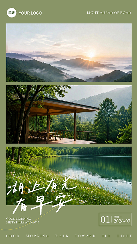 早安日签山林湖景云海木屋治愈森系手机竖版海报