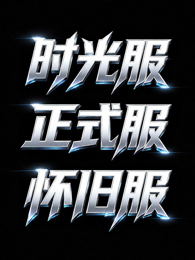 参考原图风格，生成金属质感科技风字体设计，文字内容分为三行：时光服 / 正式服 / 怀旧服，保留银色金属立体效果、蓝色光效和黑色背景，尖角凌厉字体风格