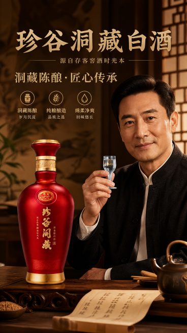 [第3屏] 珍谷洞藏白酒模特展示页，使用【图1】保持瓶身一致，右侧亚洲中年男模特半身举杯，左侧放产品，中式茶室背景，暖调光影，9:16，4K，文字清晰，禁变形。预览效果