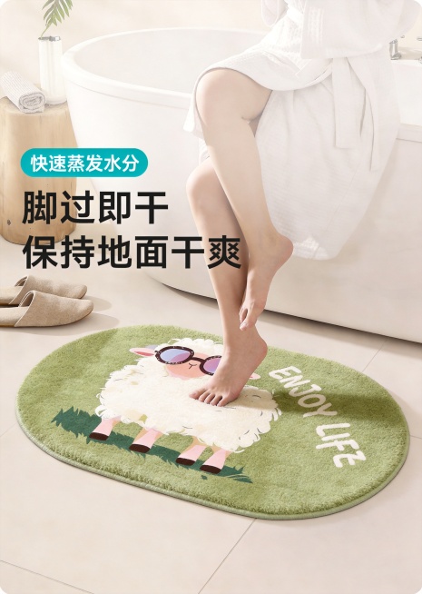 基于原图修改腿部结构，修正腿部畸形与比例失调问题，保留其余所有画面元素不变：正面竖版画幅，超高清 8K 画质，电商产品主图高级质感，中近景平视视角，焦点清晰锁定地垫绒面肌理与人物脚部，产品细节拉满，暖预览效果