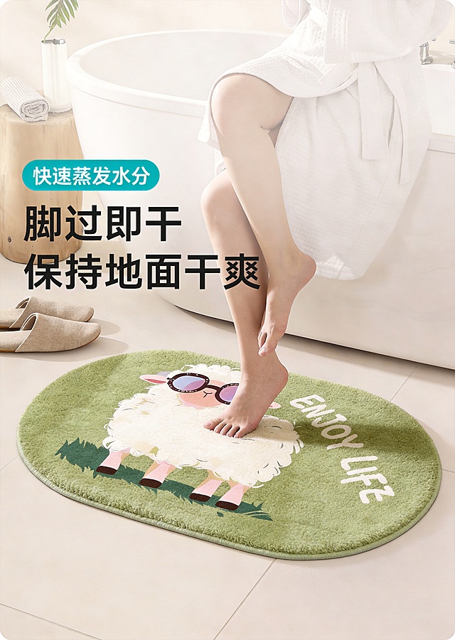 基于原图修改腿部结构，修正腿部畸形与比例失调问题，保留其余所有画面元素不变：正面竖版画幅，超高清 8K 画质，电商产品主图高级质感，中近景平视视角，焦点清晰锁定地垫绒面肌理与人物脚部，产品细节拉满，暖调柔和自然光，光影柔和均匀，色彩还原真实自然，画面干净通透，主体突出，温馨治愈的奶油风居家氛围感拉满。核心主体为椭圆形清新草绿色底、卡通戴墨镜小羊图案的仿羊绒浴室地垫，地垫采用高密短绒工艺，表层绒感饱满蓬松、肌理清晰立体，强锁水吸水质感突出；地垫正面印有俏皮灵动的白色蓬松卷毛小羊图案，小羊佩戴紫棕渐变镜片的黑框墨镜，粉色脸颊、内耳与四肢，四肢末端为深棕色小蹄子，小羊脚下搭配深绿色草地剪影图案，地垫右上角印有清晰的白色圆润手写艺术英文字体 "ENJOY LIFE"，图案印刷清晰无晕染，地垫边缘包边工整平整，完整铺设于浴室米白色哑光瓷砖地面；画面右侧是身穿白色华夫格浴袍的女性，仅露出腿部与脚部，肢体线条自然协调，人物光脚，一只脚完整踩踏在地垫上，脚趾清晰自然，另一只脚轻柔抬起，动作舒缓真实，完美还原洗完澡后踩踏地垫吸水的使用场景，人物比例协调无变形，不遮挡地垫核心图案；场景为明亮治愈的奶油风家用卫浴空间，背景是白色嵌入式浴缸，左侧摆放原木树桩造型边几，边几上搭着浅灰色毛巾，边几旁放一双浅棕色包头穆勒拖鞋，画面左上角露出清新绿植枝叶，整体无多余杂乱元素；画面左上角完整保留全部卖点文案，最上方青绿色圆角矩形标签内白色加粗字体 "快速蒸发水分"，下方两行黑色加粗艺术字体，第一行 "脚过即干"，第二行 "保持地面干爽"，所有文字无模糊、无变形、无错乱，不遮挡核心画面。负面提示词：腿部畸形、肢体奇怪、比例失调、地垫变形、地垫裁切、椭圆形造型错乱、小羊图案失真、墨镜图案缺失变形、ENJOY LIFE 文字模糊缺失、绒面质感失真、卖点文案变形错位、画面拉伸、画幅比例错误、画质模糊、噪点过多、色彩偏差、光影杂乱、背景杂乱、多余物体出现、地垫核心区域被遮挡、地垫包边细节缺失、绒面吸水质感失真