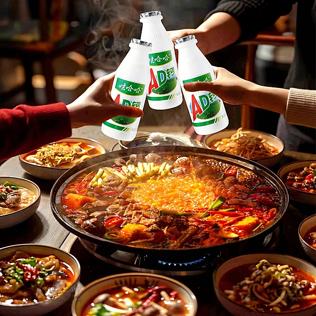 将图中三只手里面拿着的橙色饮料全部替换成参考图中的娃哈哈AD钙奶，保持每只手的握持比例自然正确，保持原本的碰杯姿势不变，火锅场景背景和其他食物保持不变