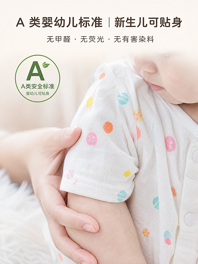 [第4屏] 安全认证展示。保留衣物印花和材质。主体为妈妈轻抚宝宝穿连体衣的手臂特写，左上角放A类安全标识。顶部主标题"A 类婴幼儿标准｜新生儿可贴身"，副标题"无甲醛・无荧光・无有害染料"。3:4竖版，米白低饱和背景，温和安心氛围。4K高清，文字清晰。负向：变形、畸形、错色、文字乱