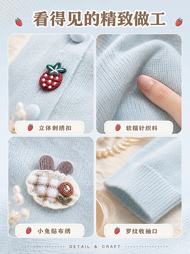 [商品] 使用【图1】奶蓝色草莓蘑菇刺绣圆领针织开衫；商品处理：保留圆领、单排包布扣、门襟草莓+蘑菇刺绣扣、左胸小兔刺绣贴布、长袖罗纹收口、下摆罗纹、奶蓝色和软糯针织面料；增强刺绣立体感、针织纹理清晰度和缝线精致度，不改变版型和颜色。
[画面] 目标：工艺细节展示，突出面料与刺绣质感。构图：2×2宫格版式，四格分别展示不同细节。景别：微距特写。场景：奶白色柔软背景，每格有柔和光影与小道具衬托。四格内容：左上=草莓刺绣扣微距，右上=针织面料纹理+手指轻触，左下=小兔贴布刺绣，右下=罗纹袖口收口细节。
[视觉] 套系策略：风格=韩系温柔少女风商业摄影；标题字=圆润衬线粗体；正文字=简洁无衬线体；主色=奶蓝色；背景延展=基于奶蓝做深浅层级、同色渐变和细腻针织/纸张质感；强调色=草莓红，仅用于小面积图标、引线和标签；标题色=深奶咖；正文色=暖灰棕；组件=圆角奶白信息卡、细虚线引线、小草莓装饰图标；光影=侧方暖柔光，突出纹理立体感。
[文字] 顶部主标题「看得见的精致做工」；每格下方配1个短标签：「立体刺绣扣」「软糯针织料」「小兔贴布绣」「罗纹收袖口」；底部小号英文「DETAIL & CRAFT」；文字全部横向排版，字号清晰可读。
[规格] 图片比例3:4竖版，4K分辨率，负向提示：避免变形、错字、文字过小、模糊、面料质感失真、刺绣变形、极限词。