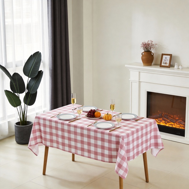 生成一个充满北欧简约风格的餐厅用餐区，整体氛围清新柔和，充满了温馨舒适的居家感。长方形餐桌铺着一块桌布（如参考图），垂坠感良好，显得干净雅致。桌上摆着至少四套 “白盘（边缘带浅灰装饰边）+ 金色刀叉”预览效果