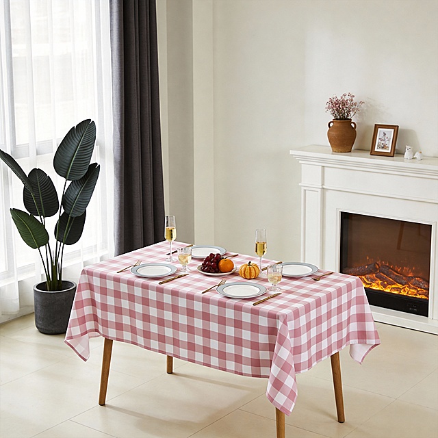 生成一个充满北欧简约风格的餐厅用餐区，整体氛围清新柔和，充满了温馨舒适的居家感。长方形餐桌铺着一块桌布（如参考图），垂坠感良好，显得干净雅致。桌上摆着至少四套 “白盘（边缘带浅灰装饰边）+ 金色刀叉” 的餐具，搭配得精致又温馨；桌面还有几杯饮品（高玻璃杯装淡黄色液体、小玻璃杯装浅色饮品），中间的小果盘里放着红提、橙子，充满日常居家的烟火气。桌上摆着至少四套 “白盘（边缘带浅灰装饰边）+ 金色刀叉” 的餐具，搭配得精致又温馨；桌面还有几杯饮品（高玻璃杯装淡黄色液体、小玻璃杯装浅色饮品），中间的小果盘里放着红提、橙子，旁边点缀了一只小南瓜装饰，充满日常居家的烟火气。左侧区域：大窗户挂着 “白色纱帘 + 深灰布帘”，透光又能营造柔和氛围；窗边摆着一盆大型深绿叶片绿植（花盆是深灰色），为空间注入生机。 右侧区域：白色壁炉是视觉亮点，壁炉台面摆放着 “棕色陶罐（插粉色小花）+ 相框 + 白色小摆件”，壁炉内的仿真火焰更添温馨感。显示整张桌子 整个场景光线柔和，色调以米白、原木色、浅淡色系为主，既整洁雅致，又充满松弛的生活气息。