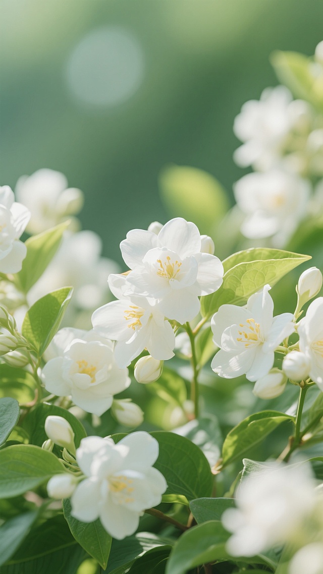 自然光下的茉莉花丛特写，白色茉莉花瓣层层舒展，点缀着嫩绿的叶片，部分花朵呈现淡黄色花蕊，背景虚化呈现柔和的绿色渐变，整体画面清新自然，光影通透，营造出宁静淡雅的氛围，适合作为背景使用。