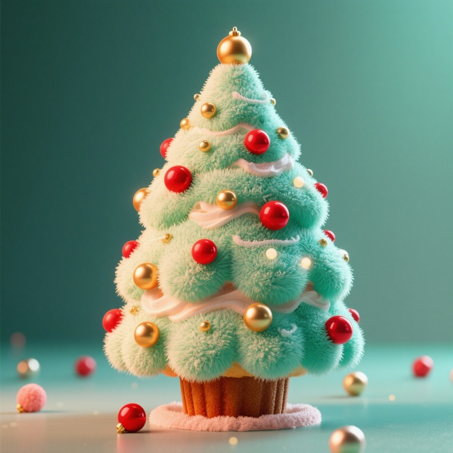 一个圣诞树形状的奶油松饼蛋糕，具有毛绒质感，表面点缀着红色和金色的彩球，整体采用马卡龙色系，背景是淡淡的绿色，营造出温馨甜美的氛围预览效果