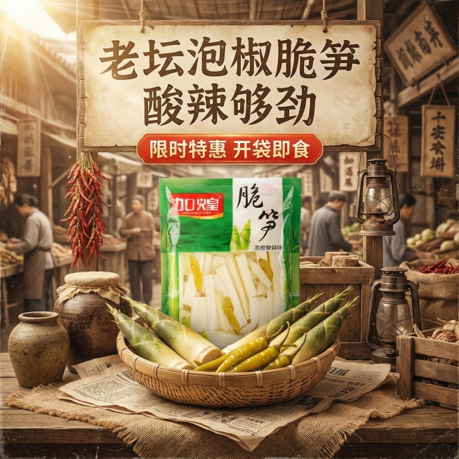 更换为复古市井风格，主文案改为“老坛泡椒脆笋 酸辣够劲”，背景换成复古集市摊位，搭配竹编筐、旧报纸元素，营造怀旧氛围预览效果