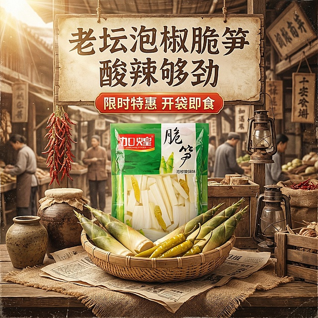 更换为复古市井风格，主文案改为“老坛泡椒脆笋 酸辣够劲”，背景换成复古集市摊位，搭配竹编筐、旧报纸元素，营造怀旧氛围