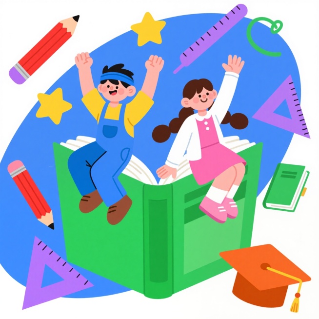扁平化插画风格，以学习为主题，两个充满活力的学生坐在一本巨大的绿色翻开的书本上，男孩穿着蓝色背带裤和黄色衬衫，头戴蓝色发带，双手高举；女孩穿着粉色连衣裙和白色开衫，扎着双马尾，挥舞着右手，周围漂浮着红色铅笔、紫色三角尺、黄色星星、绿色笔记本和橙色毕业帽，整体色彩明快活泼，构图饱满，线条简洁流畅，充满青春学习的欢快氛围。预览效果
