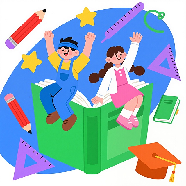 扁平化插画风格，以学习为主题，两个充满活力的学生坐在一本巨大的绿色翻开的书本上，男孩穿着蓝色背带裤和黄色衬衫，头戴蓝色发带，双手高举；女孩穿着粉色连衣裙和白色开衫，扎着双马尾，挥舞着右手，周围漂浮着红色铅笔、紫色三角尺、黄色星星、绿色笔记本和橙色毕业帽，整体色彩明快活泼，构图饱满，线条简洁流畅，充满青春学习的欢快氛围。