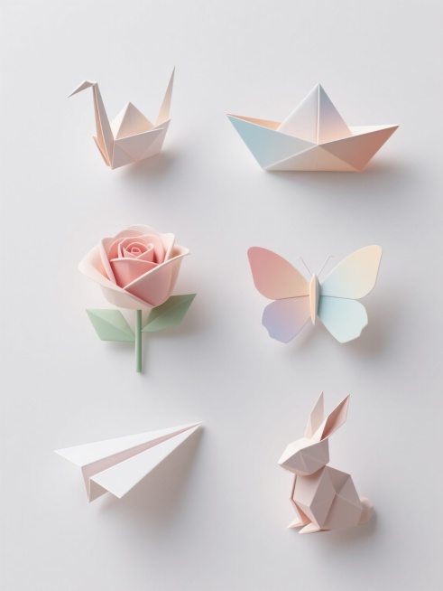 极简主义设计风格，纯白色纯色背景，六个完全不同的折纸元素规整排布成系列素材集合，每个元素均采用柔和渐变色彩，具有折纸特有的清晰折痕和立体光影效果，保持半透明质感和简约美学，元素包括：折纸纸船、折纸纸鹤、折纸纸玫瑰、折纸纸蝴蝶、折纸纸飞机、折纸纸兔子，全部为折纸形态，整体构图平衡对称，视觉层次分明，色彩和谐统一。预览效果