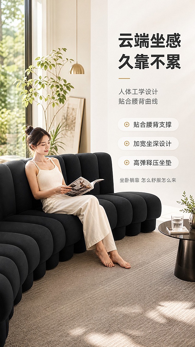 [商品] 使用【图1】S2307黑色蛇形模块化沙发；保留蛇形结构、黑色面料、整体轮廓比例；自然融入场景，增强面料质感，不改变结构和颜色。
[画面] 目标：真人体验页，展示沙发舒适坐感与人体工学设计。场景式构图，亚洲年轻女性自然坐靠在沙发上，手持杂志，姿态放松惬意，展示靠背贴合度与坐深舒适度。沙发位于明亮客厅中，背景有落地窗、绿植、小边几，暖调午后自然光。人物在沙发左侧，右侧留出文案空间，产品占画面约60%。
[视觉] 套系策略：风格=现代轻奢亮调家居商业摄影；标题字=现代无衬线粗体；正文字=简洁无衬线体；主色=暖白+浅灰；背景延展=基于暖白浅灰做深浅层级、同色渐变和细腻哑光质感；强调色=暖金色，仅用于小面积图标、引线和标签；标题色=深炭灰；正文色=中暖灰；组件=圆角浅底信息卡、细线引线、胶囊形卖点框；光影=左前侧暖柔光，自然光为主，明亮通透无暗角。
[文字] 右侧竖列文案区：主标题"云端坐感 久靠不累"，副标题"人体工学设计 贴合腰背曲线"，3个卖点"◎ 贴合腰背支撑""◎ 加宽坐深设计""◎ 高弹释压坐垫"，底部小字"坐卧躺靠 怎么舒服怎么来"。文字横排，不遮挡人物和沙发主体。
[规格] 图片比例9:16竖版，4K，避免变形、错字、文字过小、冷蓝暗调、沙发颜色改变、人物面部失真、绝对化用语。