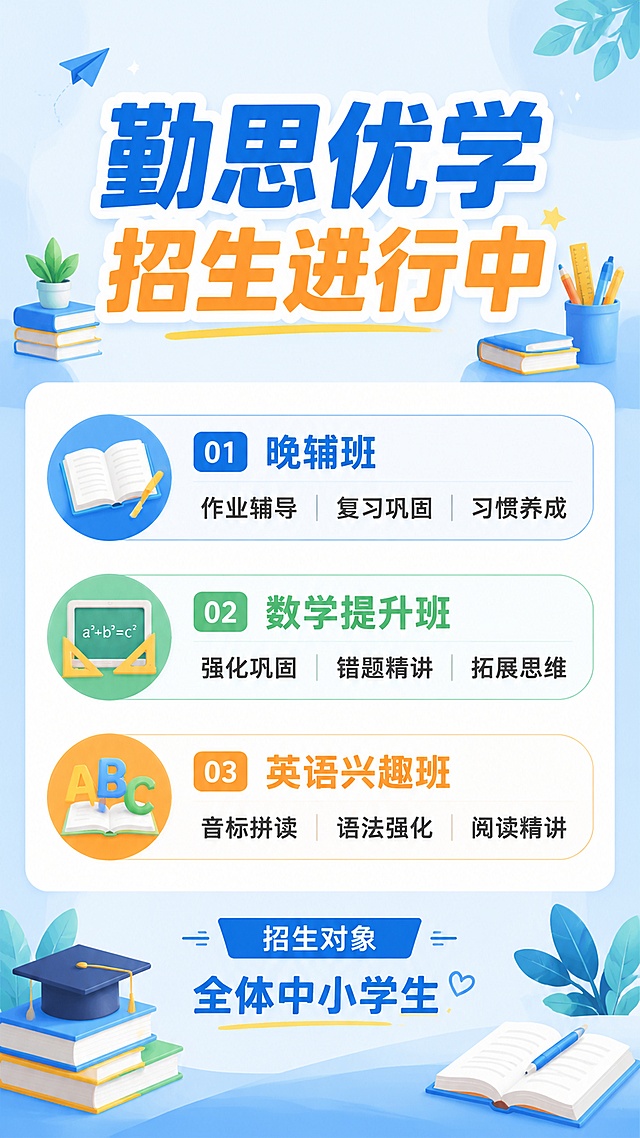 中小学生课外辅导班招生海报，简约清晰风格，9:16竖版。主标题“勤思优学招生进行中”，分三个课程板块列出内容：
1. 晚辅班：作业辅导 | 复习巩固 | 习惯养成
2. 数学提升班：强化巩固 | 错题精讲 | 拓展思维
3. 英语兴趣班：音标拼读 | 语法强化 | 阅读精讲
底部标注招生对象：全体中小学生，保持所有文字清晰完整，排版干净整洁，浅蓝清新背景，搭配简约书本文具装饰元素，版式精美，适合教育培训招生，整体风格专业温馨。