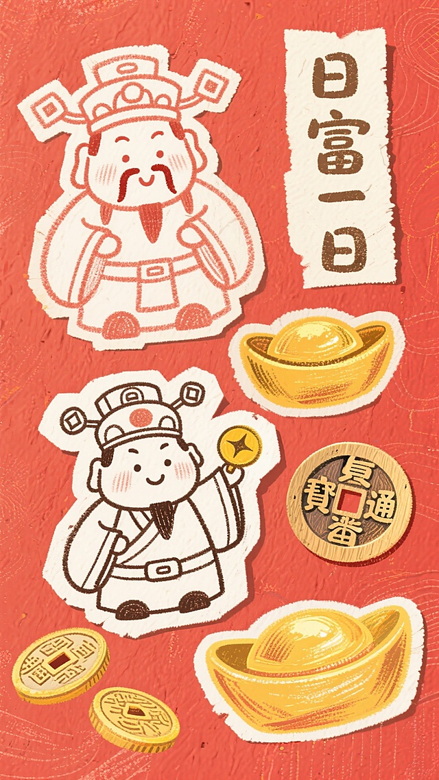 喜庆红底搭配卡通财神与金元宝，撕纸风贴画点缀，插画手账感十足，剪纸元素呼应传统，传递新春财运亨通祝福。