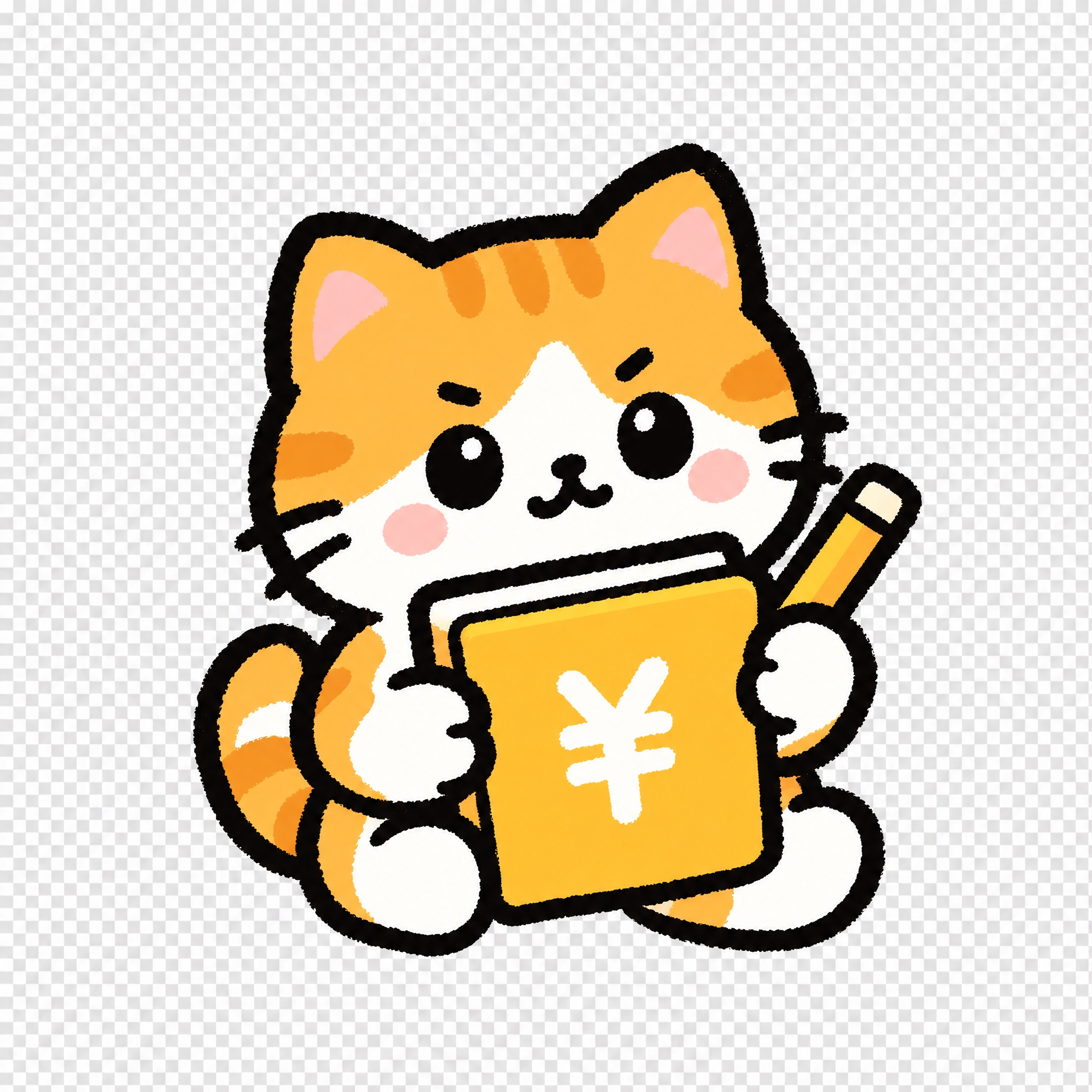 透明背景PNG，Q版橘白小财猫，粗黑轮廓线，坐着抱着一个带¥符… - 图片创意预览