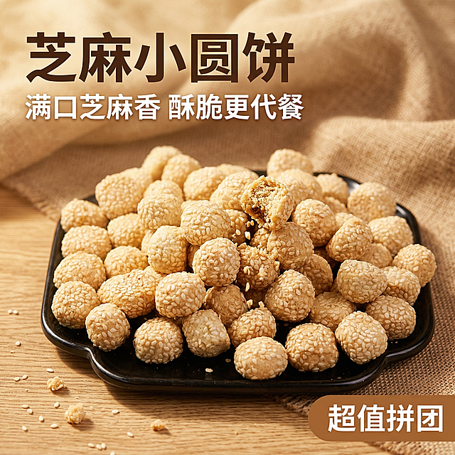 [主图 1 首图]
[主图主题] 芝麻小圆饼点击率首图
[氛围/风格] 暖色调食欲感风格，自然暖阳逆光，温馨居家氛围，酥脆掉渣质感
[画面元素] 芝麻小圆饼堆放在黑色异形瓷盘里，放置在浅棕色木质餐桌，搭配麻质感餐布背景，几块小饼干掉落在桌面，一块饼干被咬开，掉出芝麻碎渣，动态捕捉掉渣瞬间，食欲感十足；产品主体占据画面中心区域，占比约60%，背景自然过渡。保持产品外观与参考图100%一致，芝麻纹理清晰
[配色色系] 主色调：暖米黄色（饼干）、黑色（盘子）；辅助色：浅棕色（木质餐桌）、暖米色（背景），整体暖色调统一
[视角构图] 俯视45°，景深适中，主体突出
[文字版式] 主文案 "芝麻小圆饼" 最大字号无衬线粗体，棕色字体，悬浮在画面左上角；副标题 "满口芝麻香 酥脆更代餐" 字号缩小一半，白色字体位于主文案下方；右下角暖棕色圆角标签 "超值拼团" 白色字体。整体遵循左文右图结构，文字悬浮于背景留白处，不遮挡产品主体，排版干净通透，符合拼多多直白性价比风格
[比例分辨率] 2k分辨率