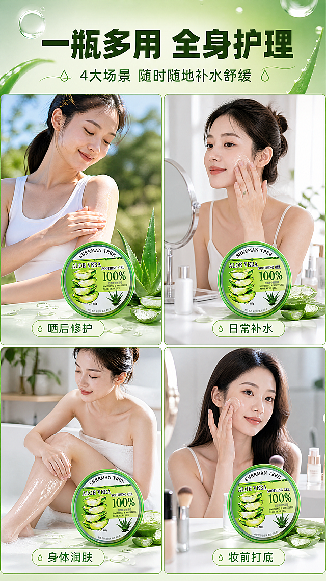[商品] 使用【图1】SHERMAN TREE芦荟舒缓保湿凝胶；每个场景小图中都出现产品罐，保留产品外观和包装文字。
[画面] 目标：多场景种草，展示芦荟胶多种使用场景。构图：2×2四宫格拼图，每格一个使用场景；左上：晒后修护场景（户外归来手臂涂抹），右上：日常补水场景（梳妆台前面部涂抹），左下：身体护理场景（沐浴后腿部涂抹），右下：妆前打底场景（化妆前轻薄涂抹）；每格场景都有产品罐自然入镜；四格之间有细绿色分隔线；顶部通栏放主标题。
[视觉] 套系策略：风格=清新水润美妆商业摄影风；标题字=现代无衬线粗体；正文字=简洁无衬线体；主色=芦荟鲜绿色；背景延展=基于芦荟绿做深浅渐变、水光通透感、同色系层次；强调色=嫩黄绿色，仅用于小面积图标、引线和标签；标题色=深森林绿；正文色=中绿色；组件=圆角浅绿信息卡、细线水滴形引线；光影=左前侧柔光，产品表面有水光高光和通透感。
[文字] 顶部主标题"一瓶多用 全身护理"，副标题"4大场景 随时随地补水舒缓"；每格场景下方配短标签："晒后修护""日常补水""身体润肤""妆前打底"；文字全部横向排版。
[规格] 图片比例9:16竖版，4K，负向提示：避免变形、错字、文字过小、产品包装文字错乱、场景不真实、医疗功效表述。