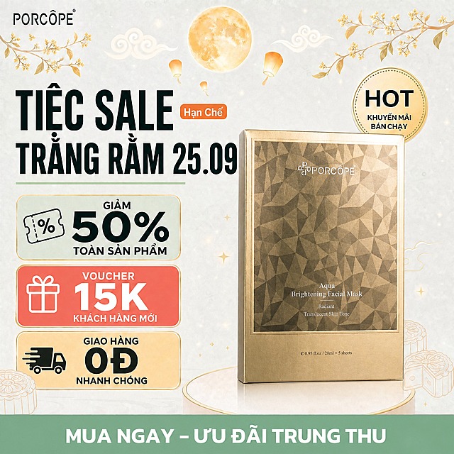 将图中右侧的PORCOPE海盐亮肤洁面乳软管产品替换为第二张图中的PORCOPE金色面膜包装盒产品，保持产品在画面中的位置、大小比例、角度和光影方向与原产品一致，产品自然放置在原展示台面上，底部保留自然接触阴影，与海报整体中秋风格的柔和光线环境融合自然，海报其余所有文字、装饰元素、背景、月亮、孔明灯、桂花枝、月饼图案、促销信息框、底部横幅、HOT徽章、左上角品牌Logo等全部保持原样不变，不做任何修改