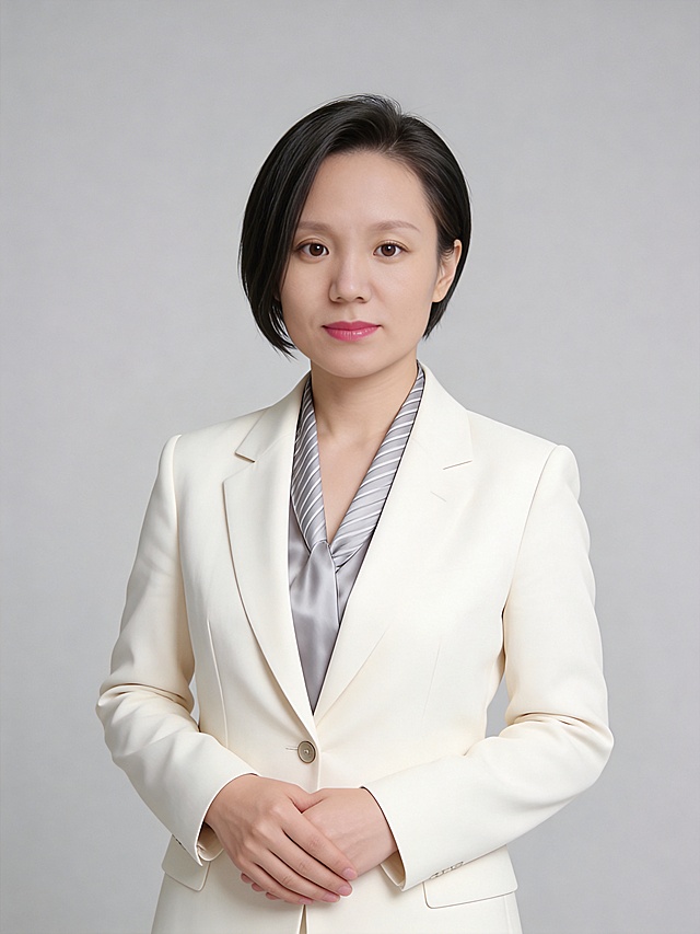 参考第一张图保留人物脸型､发型､年龄等特征生成职场形象照,参考第二张图的人物占位和比例,标准焦段50mm,F/4光圈(F/2.8-F/4区间),平视视角(镜头与人物视线齐平)眼神明亮温和､直视镜头;人物占画面70%,人物居中(居中构图),位于画面中心,为视觉聚焦点,入境范围头部及以下至臀部下方10cm(半身像);左右留少量背景空间;头部与画面顶部保留5%空间;头部发型完整,头肩比例协调;淡妆,肤质白皙细腻;冷调白皙,极淡裸粉哑光眼影打底,极细内眼线填充睫毛根部,大直径深棕色带细微高光点的自然款美瞳;边缘模糊无生硬轮廓;眼神澄澈,看向镜头唇妆:自然水光唇釉,唇形饱满､唇峰清晰､唇面透亮光泽;身穿纯浅米白色西装外套(挺括棉质混纺面料,垂坠感与挺括感兼具,版型利落简洁､线条流畅),内搭浅灰色细条纹丝巾,内外叠搭形成V领的样式,完美贴合衣领的边缘,露出2cm宽(与衣领平行),平整无褶皱,丝巾为哑光绸缎感材质,柔和微微光泽､纹理细腻,增添职场精致感;西装系单粒扣,姿态端庄优雅:双手呈交叠放松姿态:右手覆盖于左手上方,手腕自然,整体手势松弛且优雅感;动作幅度柔和,兼具“专业感”与“亲和力”,身姿挺拔有度､双肩自然下沉,手腕放松,自然站立姿势;嘴角微微上扬,唇角自然浅笑(唇色自然粉嫩);画面整体干净清爽,自信从容｡中度暖灰色背景(光线呈现均匀柔和､干净通透质感),严格按照第一张图的内容生成｡