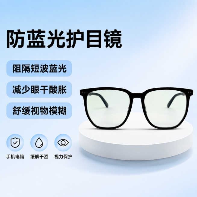 [单张主图] 防蓝光眼镜 左文右品参数型爆款促销感主图，突出阻隔蓝光保护眼睛卖点。[画面主体] 保持黑色方框防蓝光眼镜外观物理结构、材质质感、颜色与输入产品图绝对一致，杜绝任何变形和色差，精细化处理。预览效果